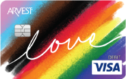debit card with love written on it and rainbow background