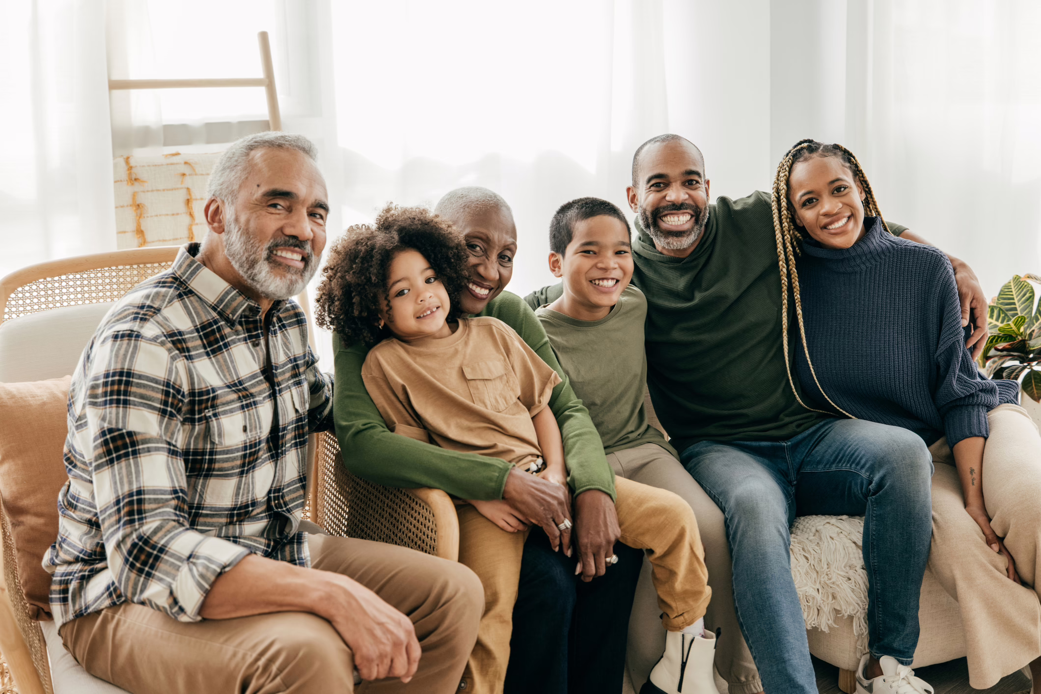 A family of six people sitting on a couch together