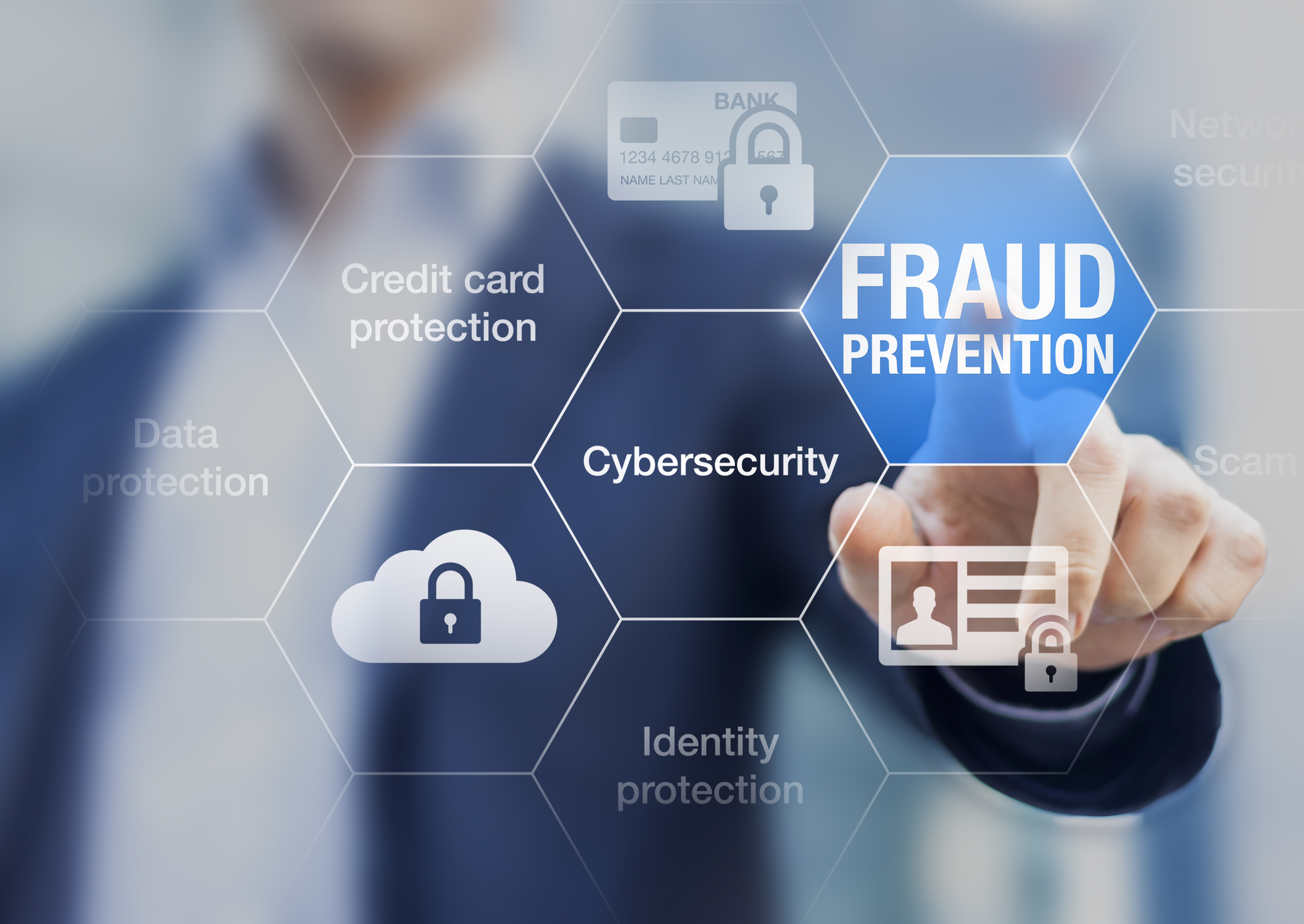 A graphic image including the terms data protection, credit card protection, cybersecurity and fraud prevention. In the background, a man is pointing to the words fraud prevention.