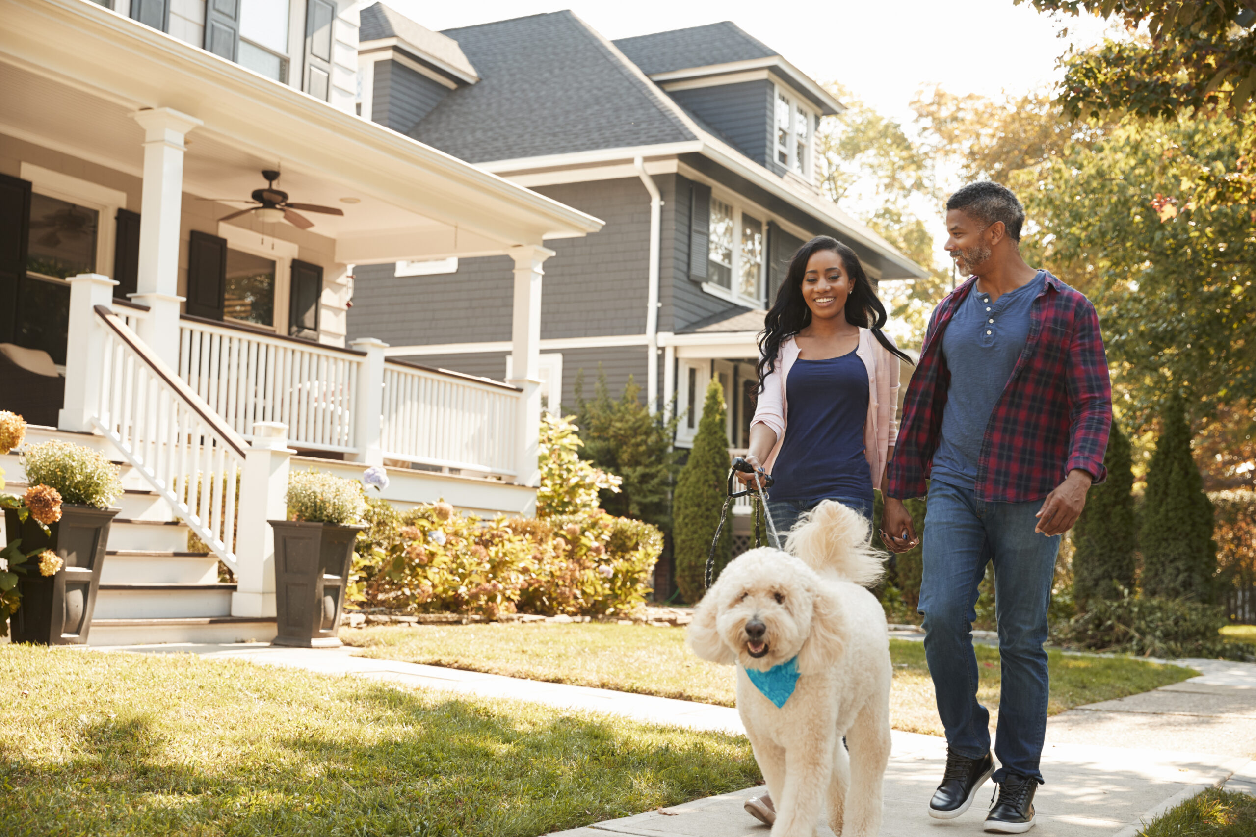 A man and woman walking a dog together through a neighborhood