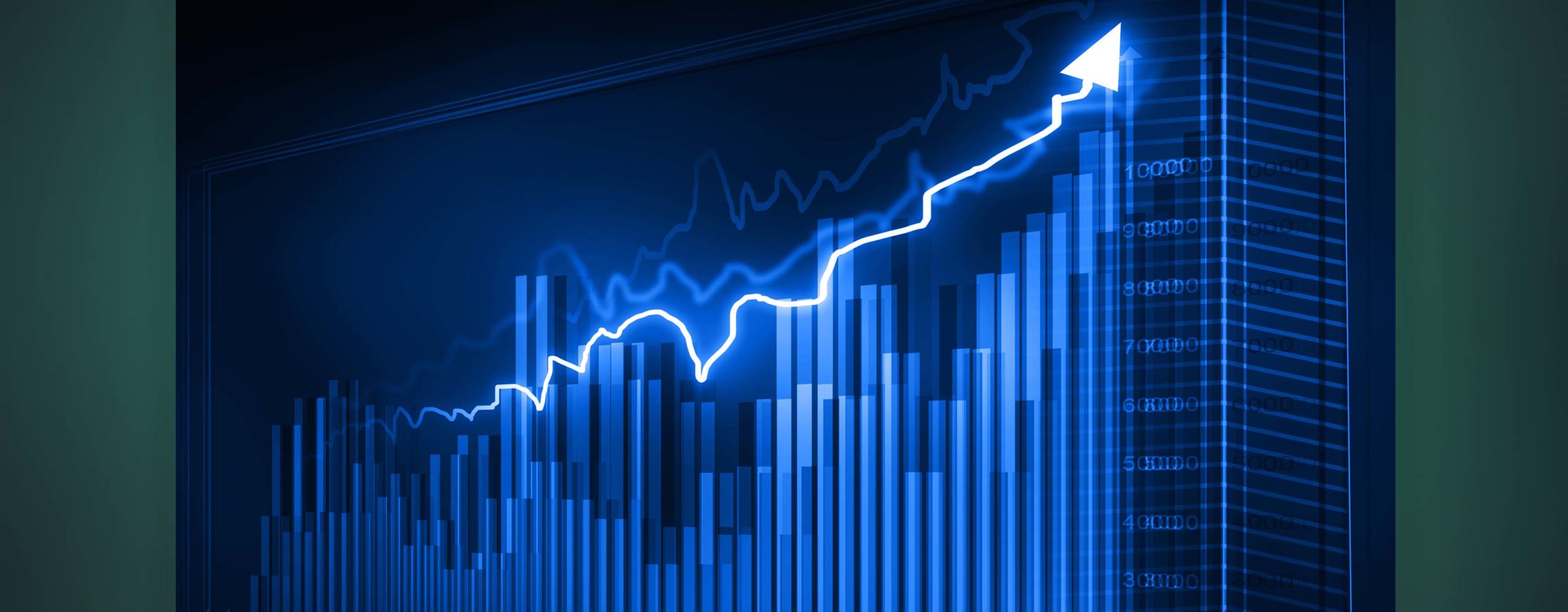 A bar graph showing a trend line going up quickly