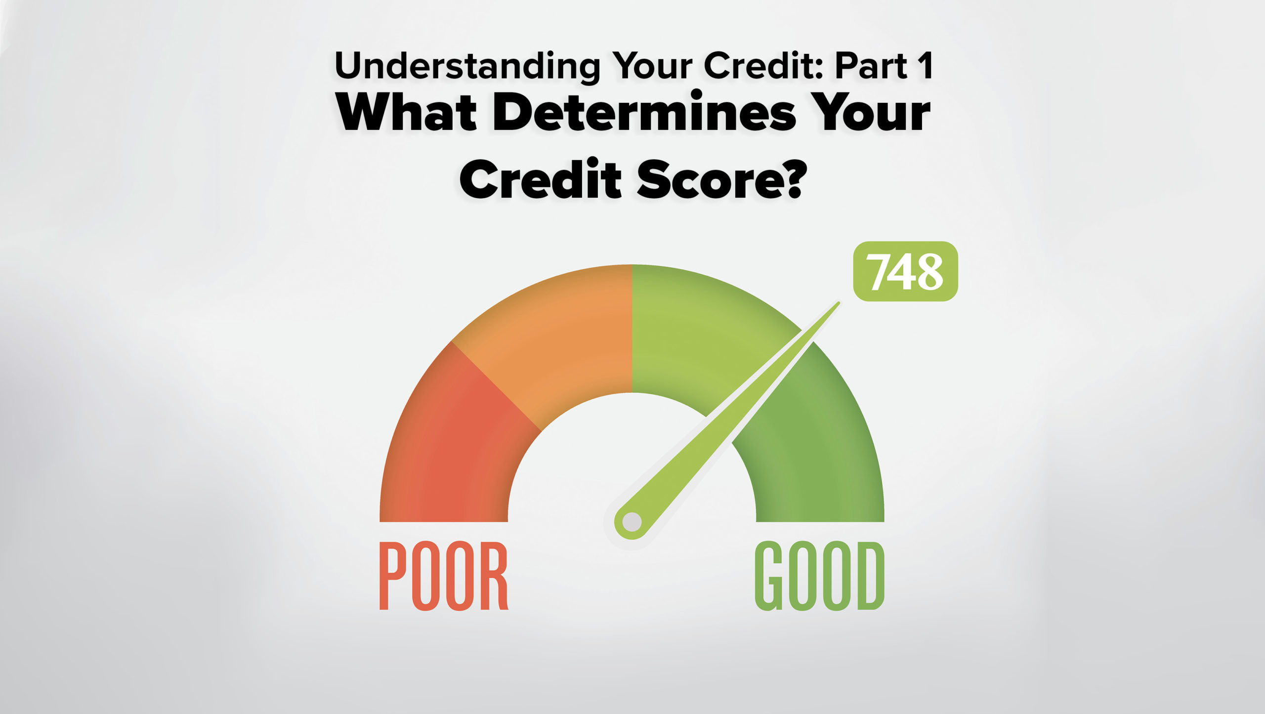 A credit score gauge ranging from poor to good. The needle is stopped on the number 748 in the good range. The image has a title at the top reading: Understanding Your Credit: Part 1. What Determines Your Credit Score?